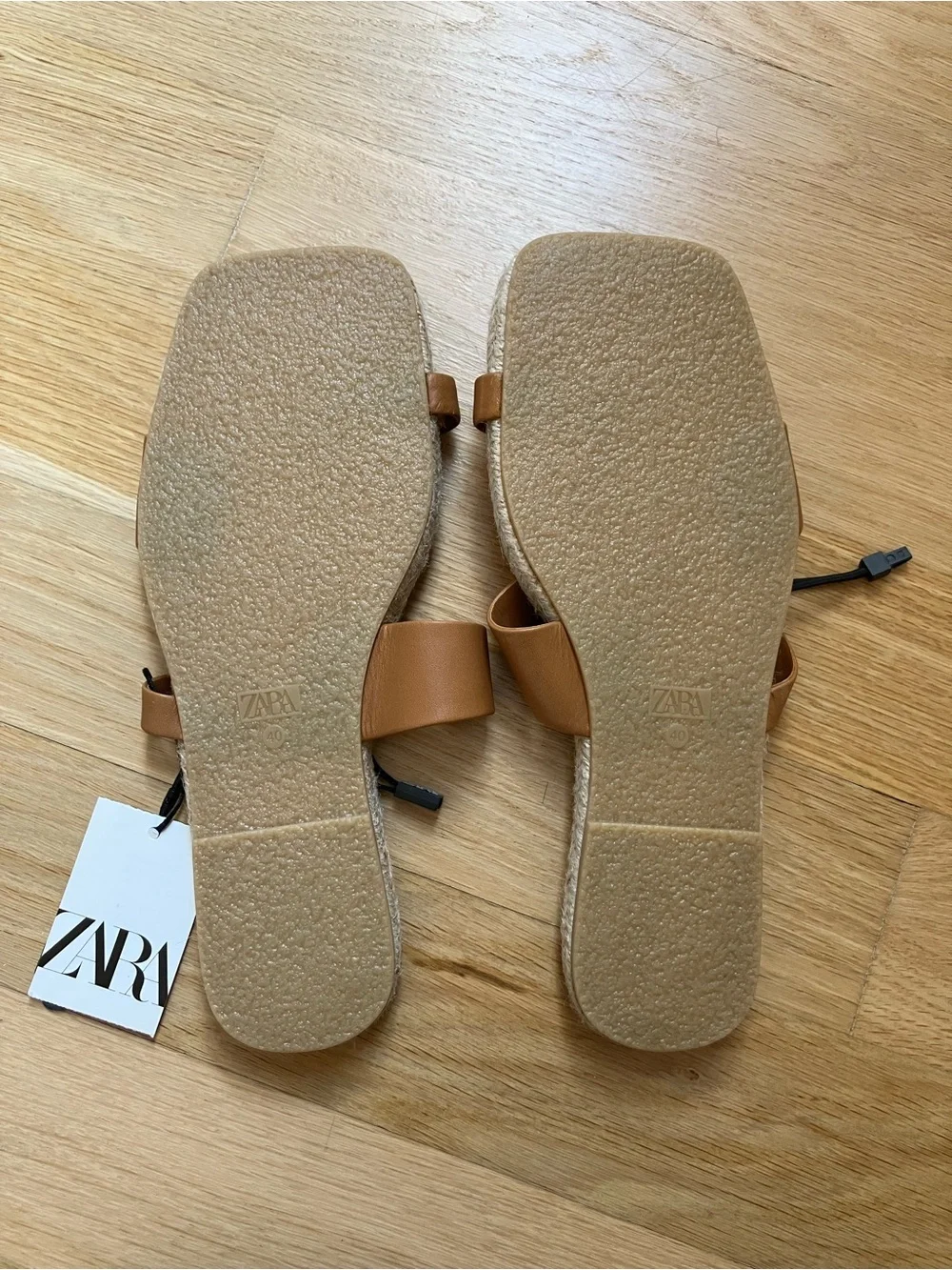 Zara NWT Tan Leather Double-Strap Espadrille Slide Sandals